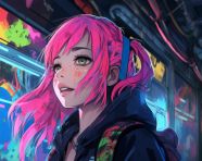 Standing anime girl with pink hair, anime style art