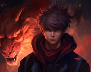 The head of an anime man stands next to a fire, anime style art