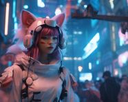 A woman with cat ears is standing at night, anime style art