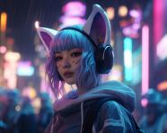 Woman with cat ears in the moonlight, anime style art