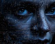 Some dark image in the dark with a face with blue eyes, ascii style art