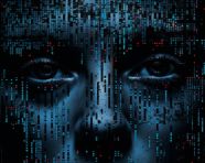 Blue eyes peering through the darkness, ascii style art