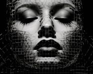 The face of a woman is represented by squares in a dark setting, ascii style art