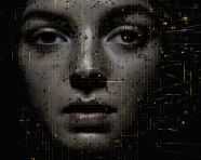 Womans face obscured by squares, ascii style art