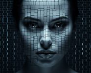 Black and blue digital image of a woman using artificial intelligence, ascii style art
