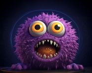 A purple monster with very big eyes and a wide mouth on a dark background, concept-style art