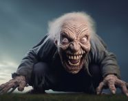 Old woman in black cloak, caricature style art