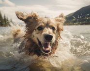 A dog running out of a body of water, caricature style art