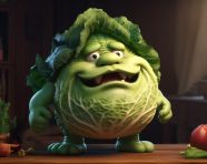 A toy cabbage looking angry in a dark room, concept art style