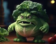 Angry toy cabbage in dark room, caricature style art