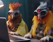 Two chickens in glasses are working on a laptop, concept art style
