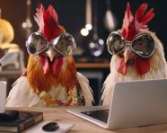 Two chicken in front of a laptop in glasses, concept art style