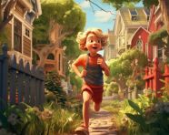 Disney corin is running on a path near a house with trees, cartoon style art