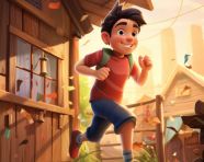 A character is running in front of a wooden house, cartoon style art