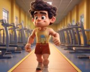The cartoon character runs inside a gym, cartoon style art