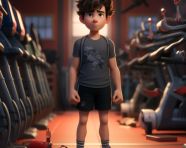 An animation character in black shorts in a gym, cartoon style art