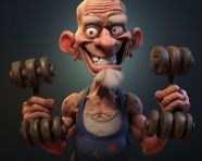 An animated character holding dumbbells, cartoon style art