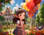 A young girl is holding balloons near a flower garden, cartoon style art