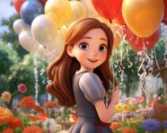 Little girl holding balloons in purple flowers, cartoon style art