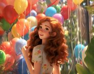 A girl in a dress holding balloons, cartoon style art