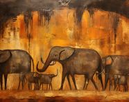 Cavern painting of a group of animals in a cave, cave painting style