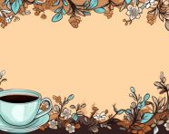 Coffee cup and flower border with brown background, cave painting style