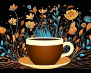 Brown coffee cup with flower border, cave painting style