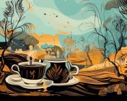 Coffee and tea in a vintage setting, cave painting style