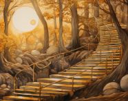 A painting of stairs leading in to a forest, cave painting style