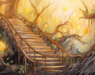 Stairs leading into nature, cave painting style