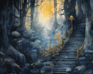 A painting of a dark forest with stairs to the sunlight, cave painting style