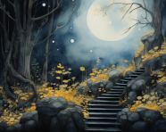 Dark forest stairway to the sunlight, cave painting style