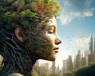 City and ecology with the human head and trees, concept style art