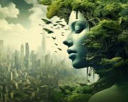 The modern city with forest forming its head over a man with a green head, concept style art