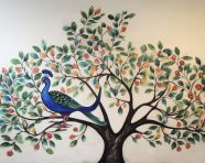 Beautiful peacock in tree, gond painting style art