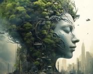 City with forest head over green man, concept style art