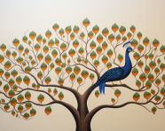 A painting of two peacocks, gond painting style art