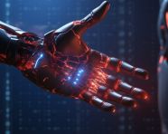 A human hand with a robotic hand reaching for the other, concept style art