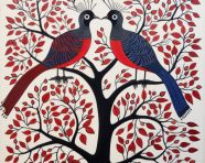 Peacocks spreading their tails in a painting, gond painting style art