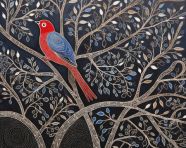 A painting of a bird and its branches in blues and reds, gond painting style art