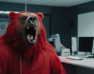A bear in a red suit with open mouth, concept style art