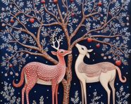 A painting of three deers and a bird, gond painting style art