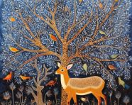 A colorful painting depicting a deer with birds, gond painting style art