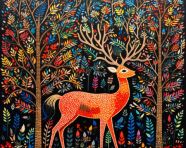 A deer is painted with different birds and flowers, gond painting style art