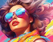 A woman in colorful sunglasses atop a beach graphic, digital collage art
