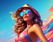 Woman in colorful sunglasses on beach, digital collage art