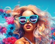 A colorful girl in sunglasses and flowers, digital collage art
