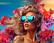 Girl with colorful sunglasses and flowers, digital collage art