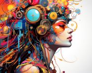A female with a colorful head and gears in it, digital collage art
