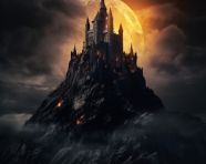 A black castle on top of a hill on top of an island, gothic style art